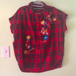 Madewell Floral Embroidered Flannel Button Down Cuffed Sleeveless Blouse Top. M.